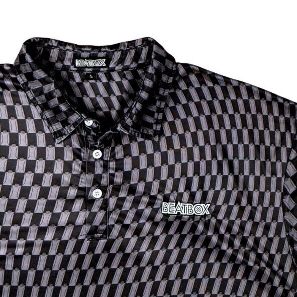 Beatbox Beverages Mens Large Black Grey Geometric Print Performance Polo Shirt